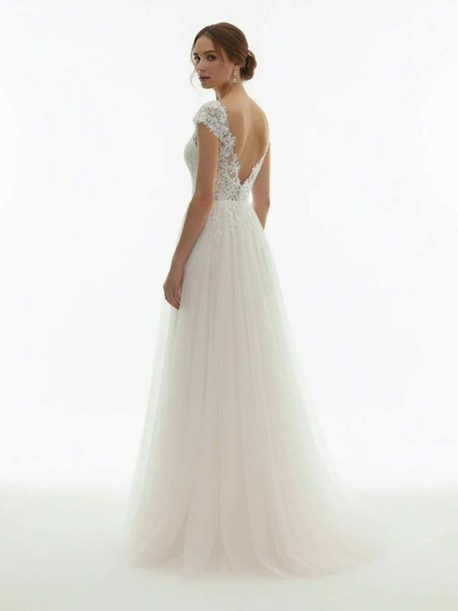 Sexy A Line Plunging Neckline Tulle Sweep Train Wedding Dress with Appliques