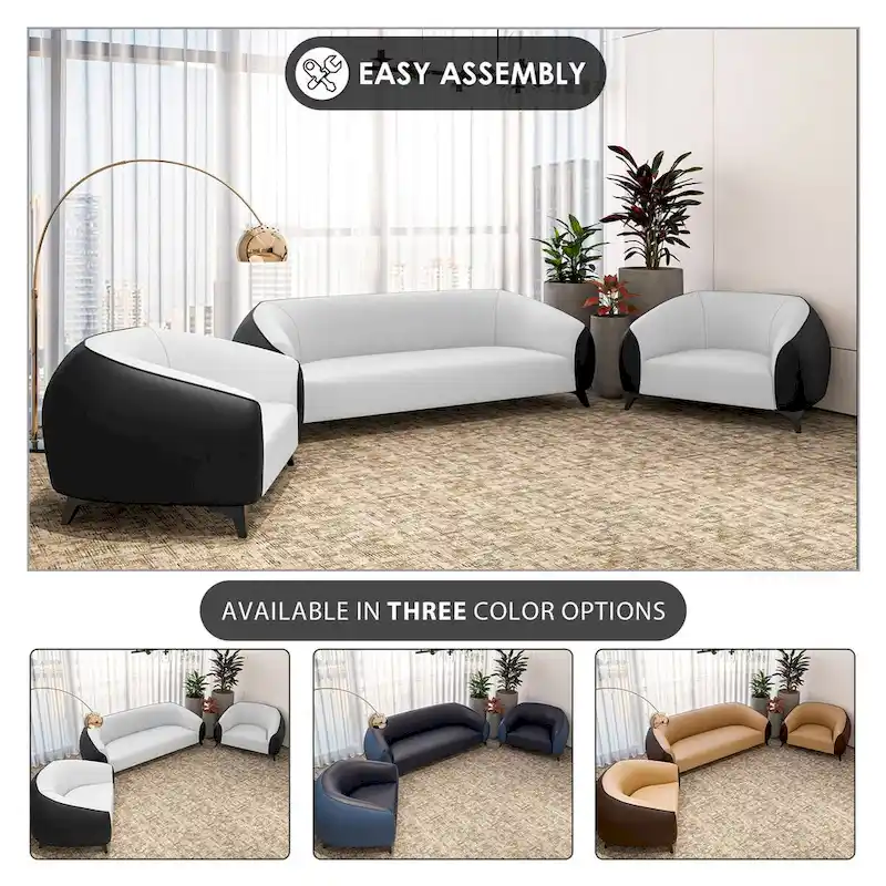 3-Piece Sofa Set Upholstered PU Leather with Solid Wood Frame and Steel Legs Opula Series by LeisureMod