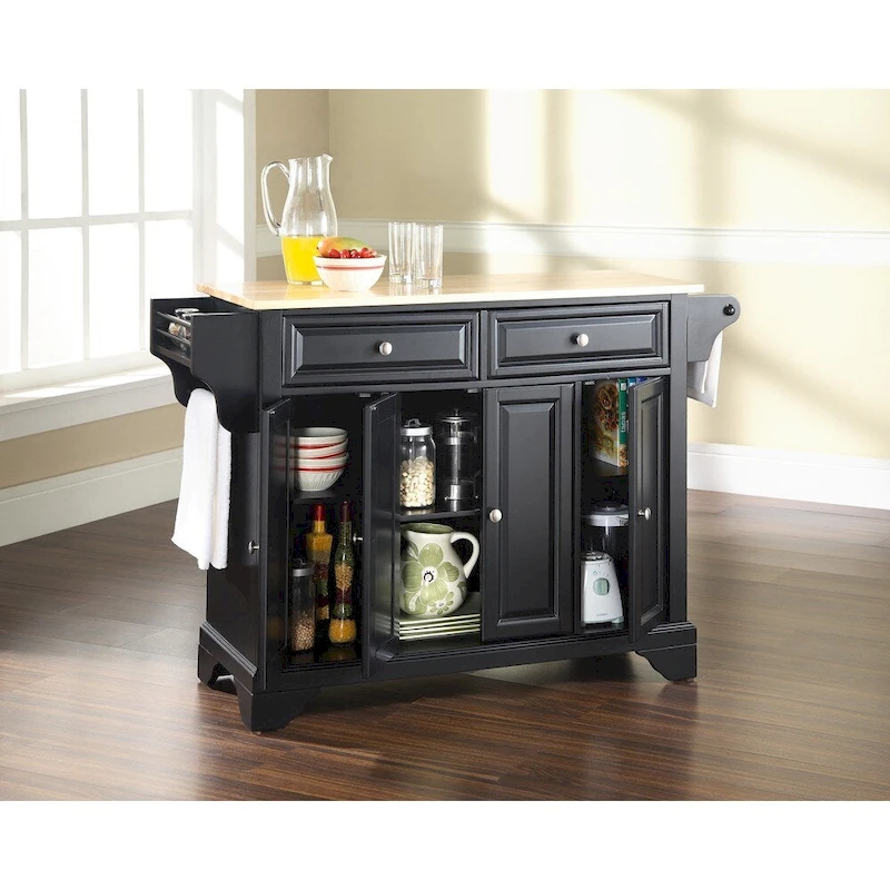 Crosley LaFayette Black Wood Kitchen Island with Natural Wood Top - 18d x 51.5w x 36h