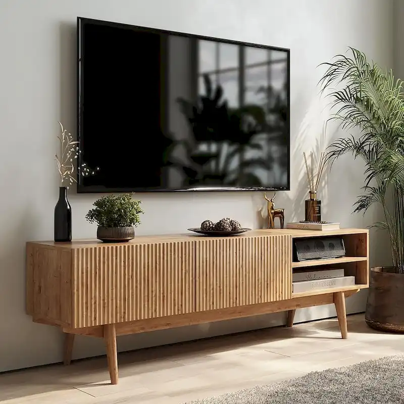 TV Stand Console Fits TV's up to 65 in. with Wood Legs in Mid Century Modern Scandinavian Design