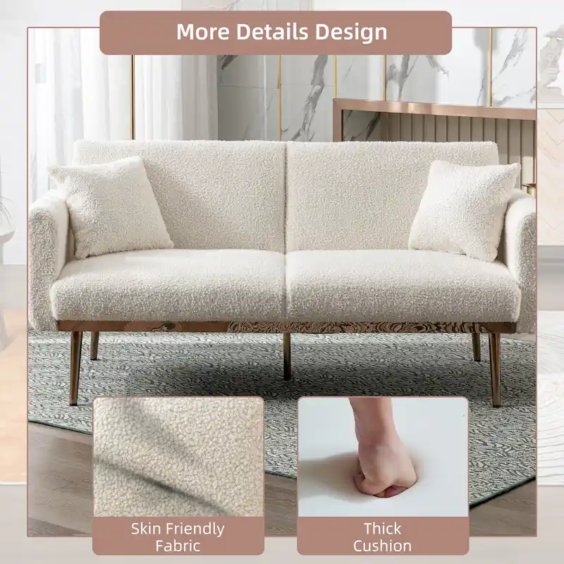 Teddy Fabric Upholstered Tufted Loveseats Sleeper Sofa With Rose Golden Legs