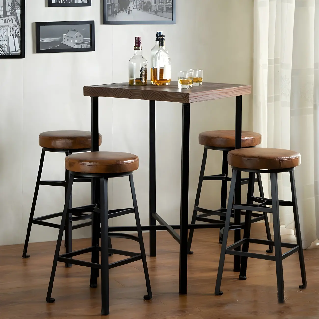 Industrial Square Bar Tables Brown Pine Wood Metal Trestle