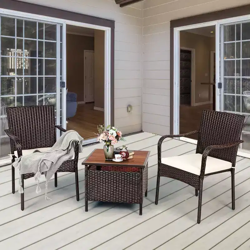 Costway 3PCS Patio Rattan Furniture Bistro Set Wood Side Table Stackable Chair