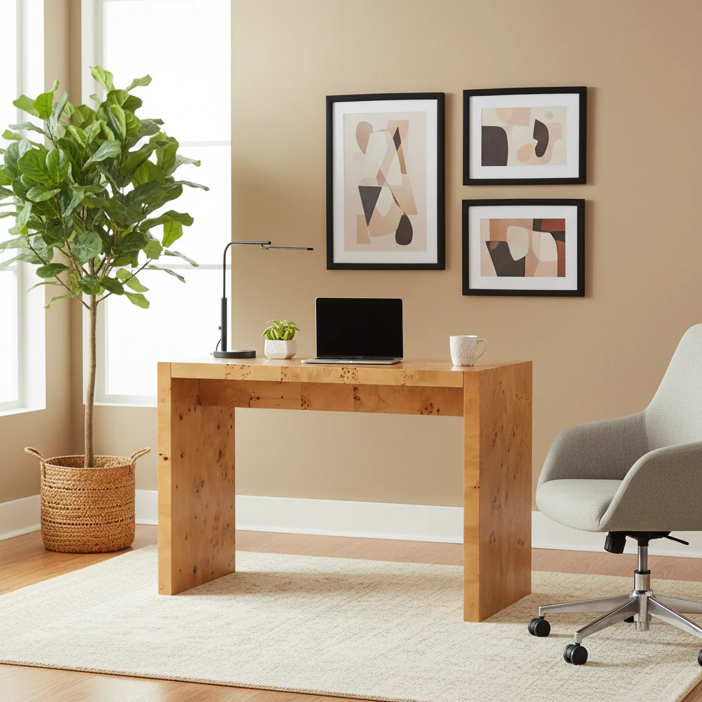 Natural Burl Wood Veneer Narrow Console Table