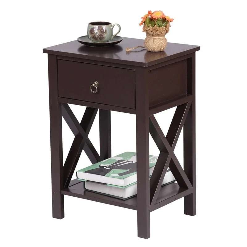 MDF Bedside Table with 2 Drawers – Brown / White / Black, Modern Style, Single