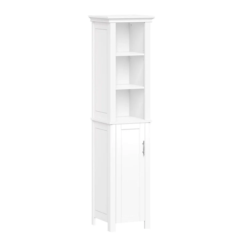 Single Door Tall Bathroom Cabinet Storage Organizer with Open and Adjustable Shelves - White