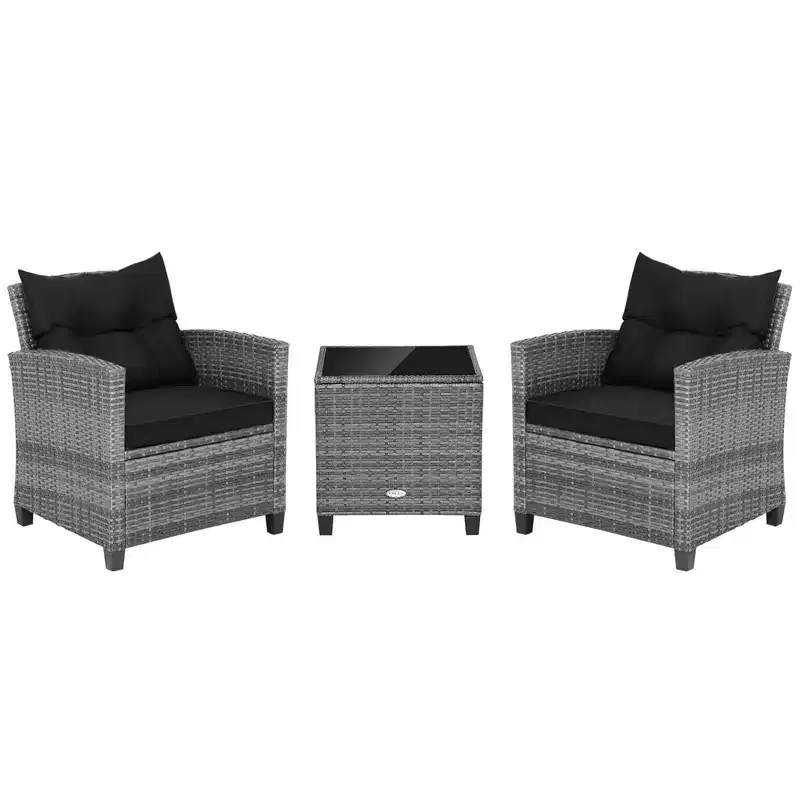 Costway 3PCS Patio Rattan Furniture Bistro Set Cushioned Sofas Side Table Armrest Red/Grey/Navy/Turquoise/Black