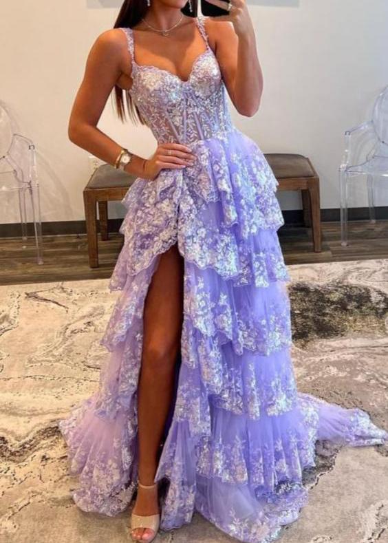 A-Line Lace Off-the-Shoulder Tiered Long Prom Dress with Slit