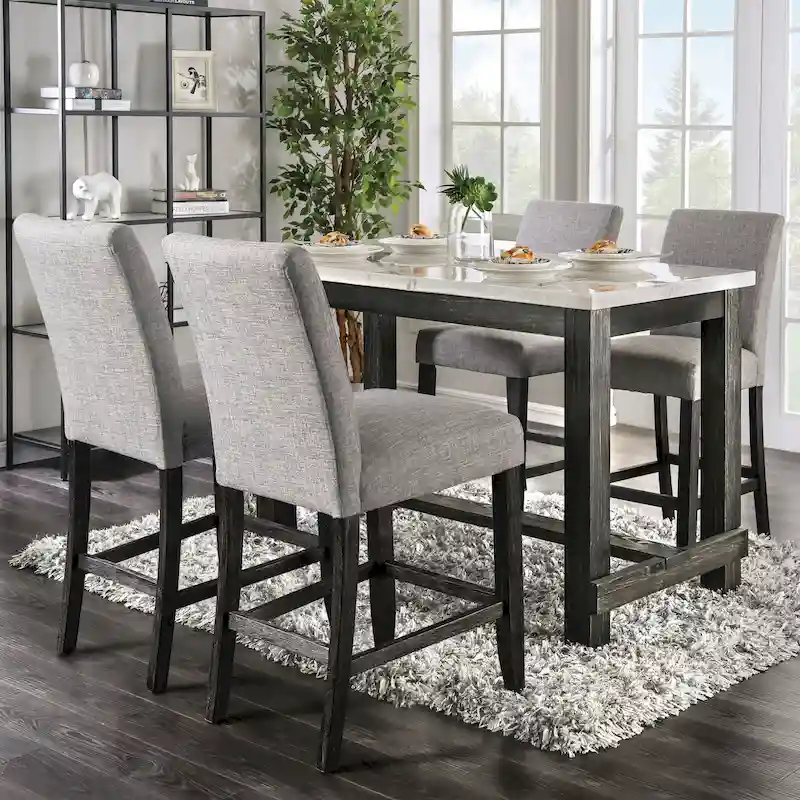 Rustic Genuine Marble Counter Height Dining Table with 4 Upholstered Chairs