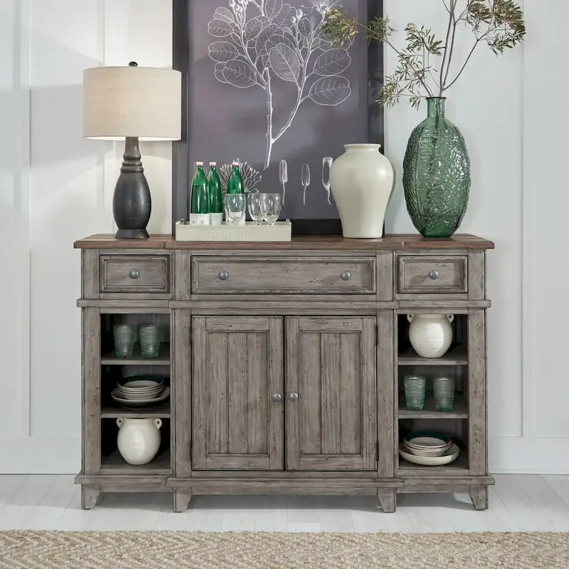 White & Grey Distressed Pine Breakfront Server – 1 Piece