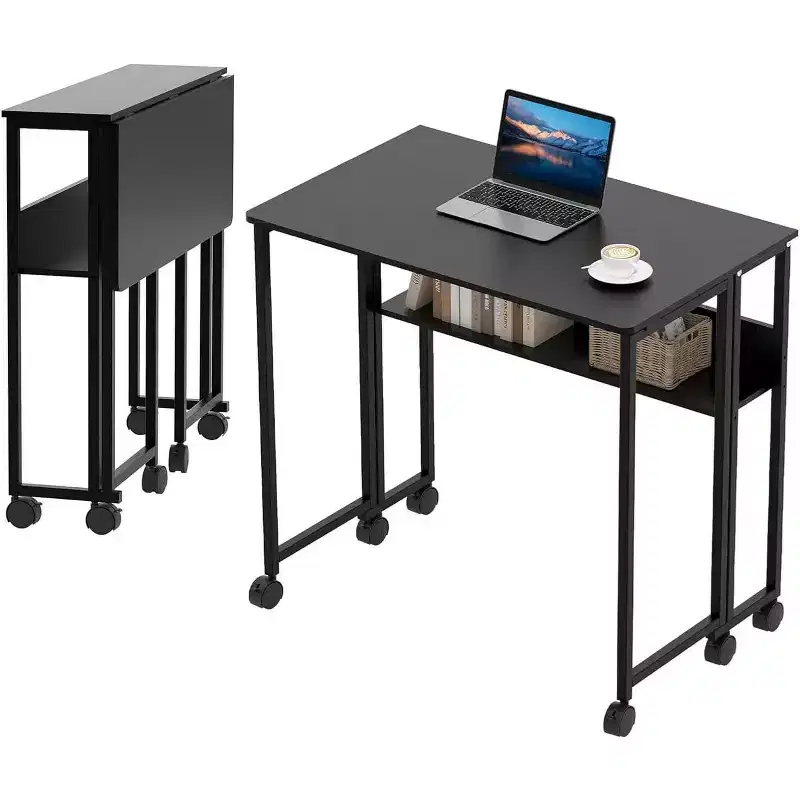Small Folding Desk with Storage Shelf for Small Spaces, Computer Desk on Rolling Wheels, Collapsible Desk for Home Office, Bedroom