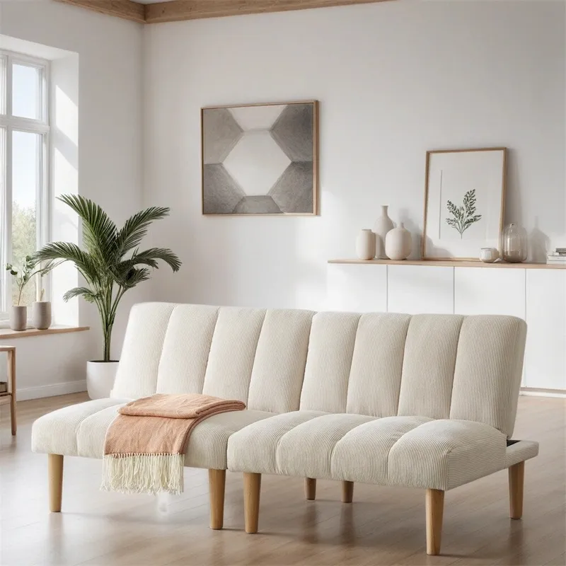 White Corduroy Convertible Sofa Bed, 2-Seat