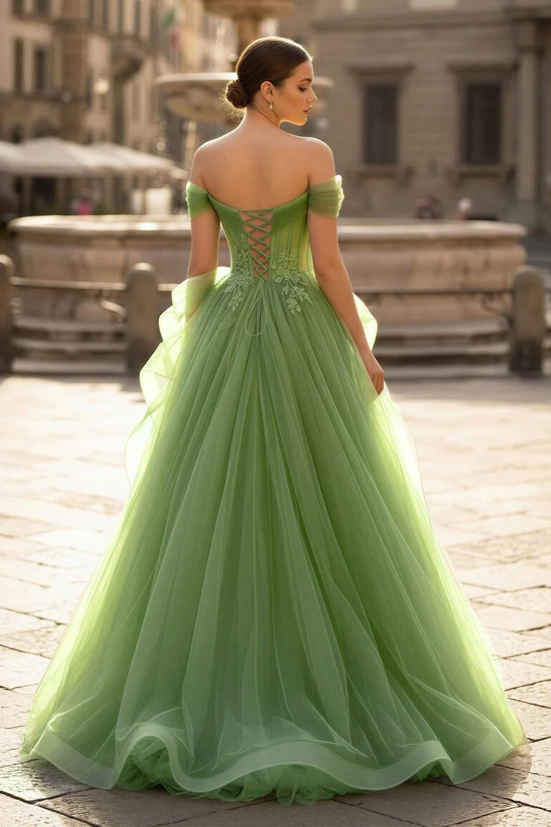 Green A-Line Off Shoulder Long Prom Dress Lace Long Evening Dress