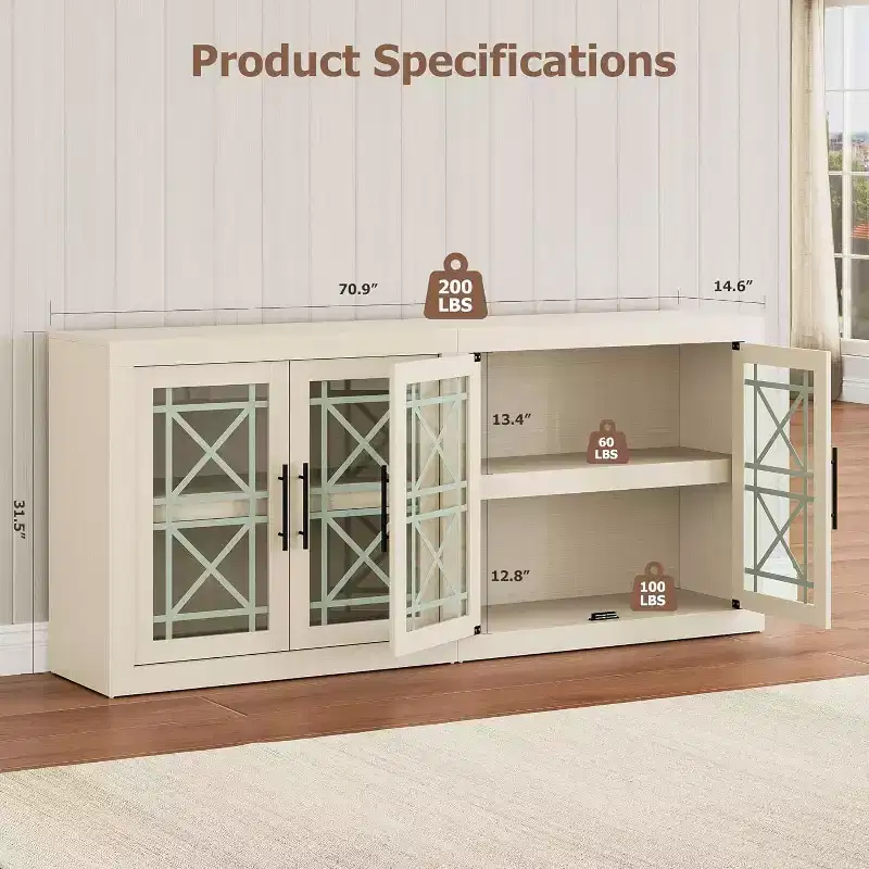 Acekool 70.8 Sideboard Buffet Cabinet with 4 Doors, Modern Farmhouse Storage Credenza