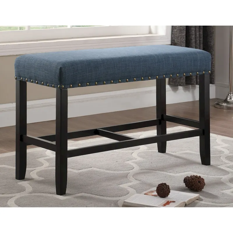 Blue Fabric Pub-Height Dining Bench with Nailhead Trim