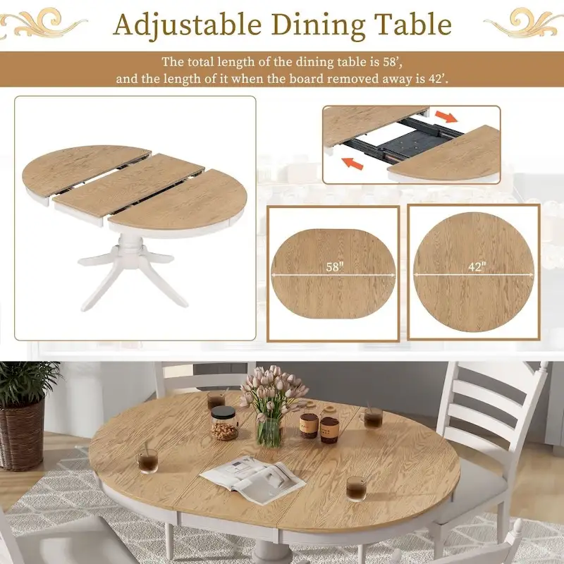 5-Piece Retro Functional Dining Table Set Wood Round Extendable Dining Table and 4 Upholstered Dining Chairs
