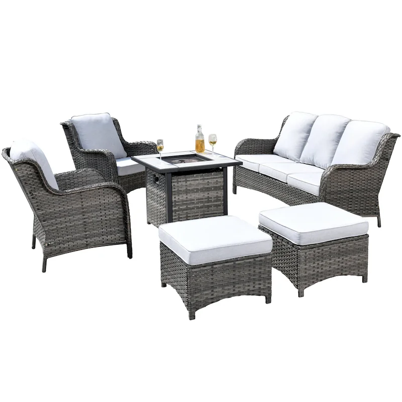 OVIOS Grey Wicker 6-piece Patio Furniture Set With 30  Fire Pit