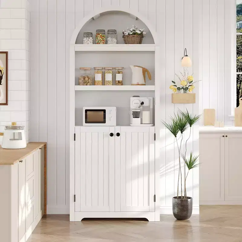 72 Tall Wood Arched Storage CabinetC5-Shelf Kitchen Pantry Cabinet with Doors & Open Shelves, Versatile Standing Bookcase & Cupboard for Living Room