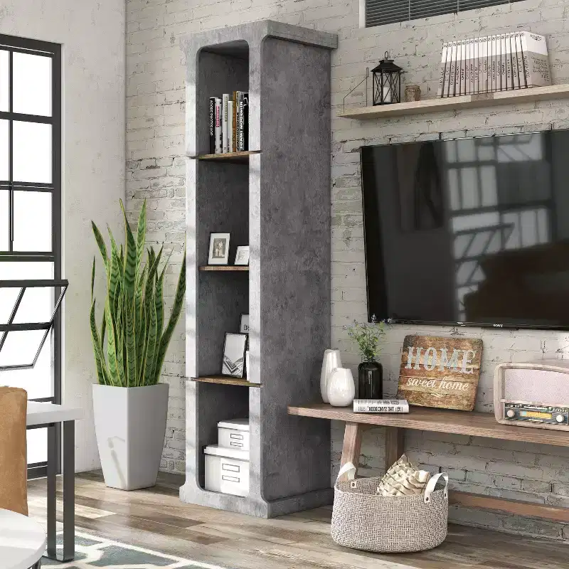 miBasics 75.39" Ossi Industrial Display Tower Cement: 4-Shelf Farmhouse Style, MDF & Particle Board Construction