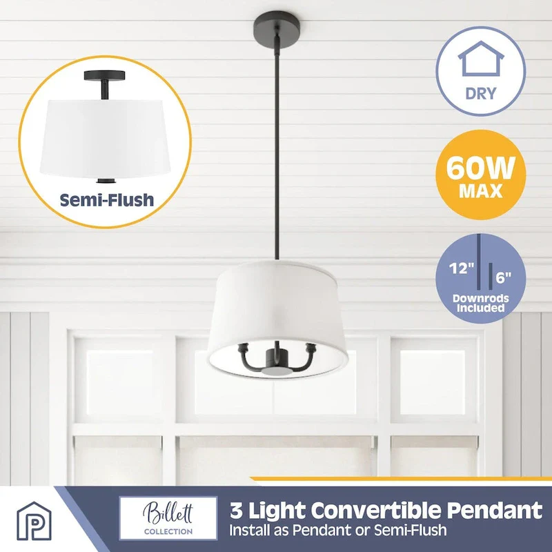 Prominence Home Billet Convertible Pendant/Semi-Flush with Fabric Shades
