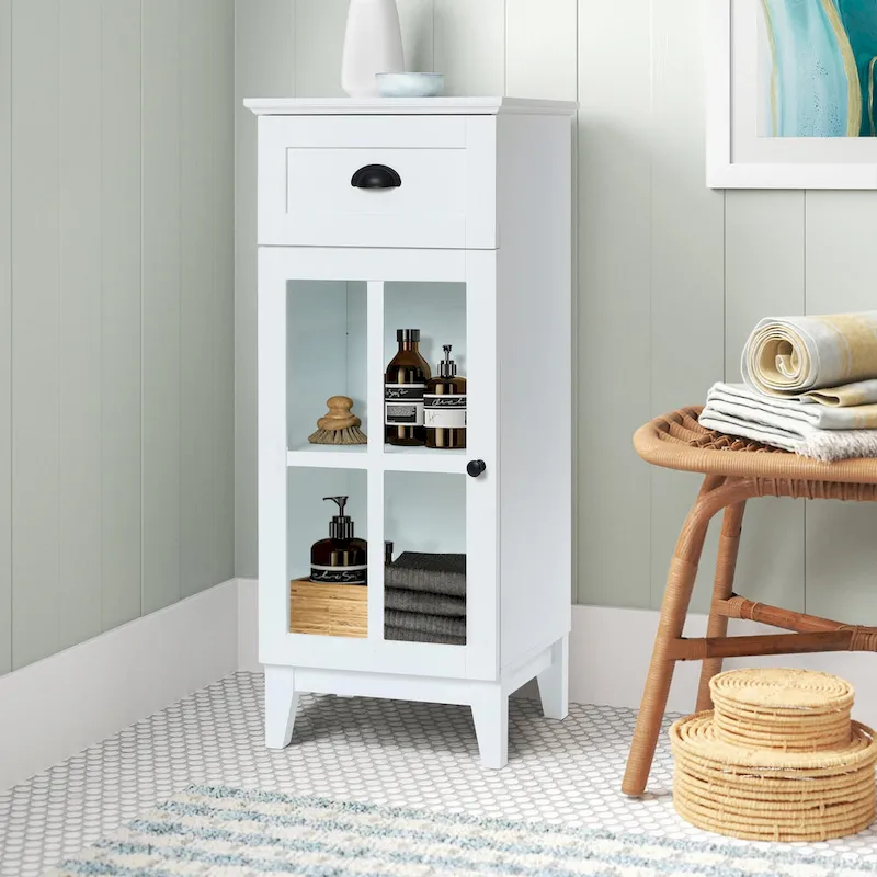 White Wood Slim Storage Cabinet with Glass Door - 37 H x 15.7 W x 11.8 D