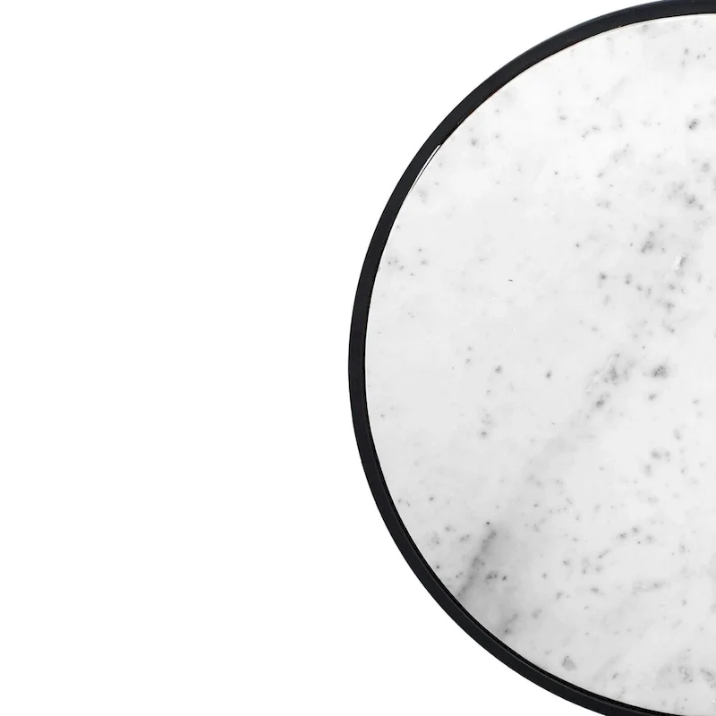 23 Inch Side End Table, Modern Round White Natural Marble Top, Classic Black Iron Frame