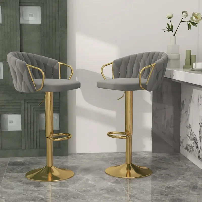 Set of 2 Bar Stool Adjustable Height Swivel Velvet Woven