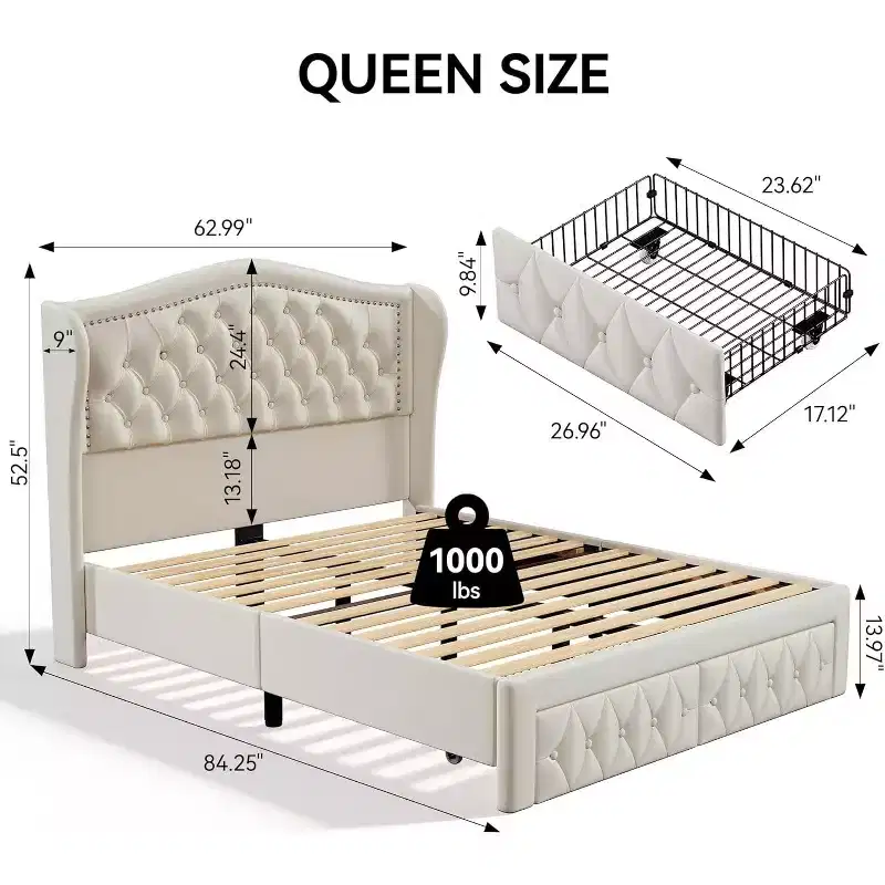 Dyonery Queen Velvet Bed Frame, 52.6 Wingback Tufted Headboard, 2 Drawers, No Box Spring