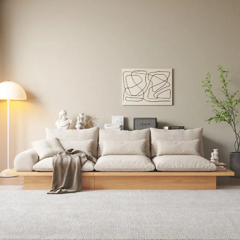 JASIWAY Cotton Line Beige Sofa With Wood Frame