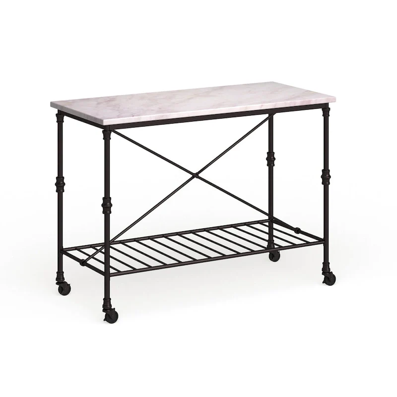 SEI Furniture Black Faux Marble Rolling Kitchen Island