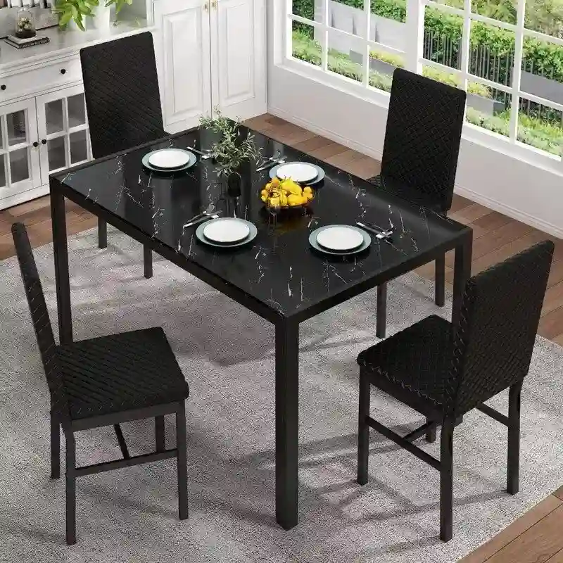 Modern Dining Room Table with Tempered Glass Tabletop and Diamond Stitching PU Leather Chairs