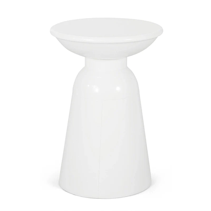Suma Outdoor End Table, Round 15 Inch Top, Pedestal Base, White Iron