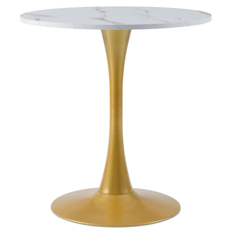 28-Inch Round Bistro Dining Table with Marble Finish and Gold Pedestal Base