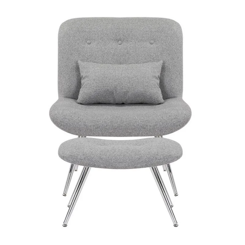 Lea 2pc Modern Lounge Chair and Ottoman Set, Gray Woven Upholstery, Chrome
