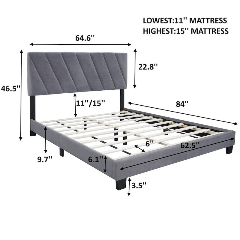Grey Queen Upholstered Platform Bed with Adjustable Headboard, for 1-2 Person