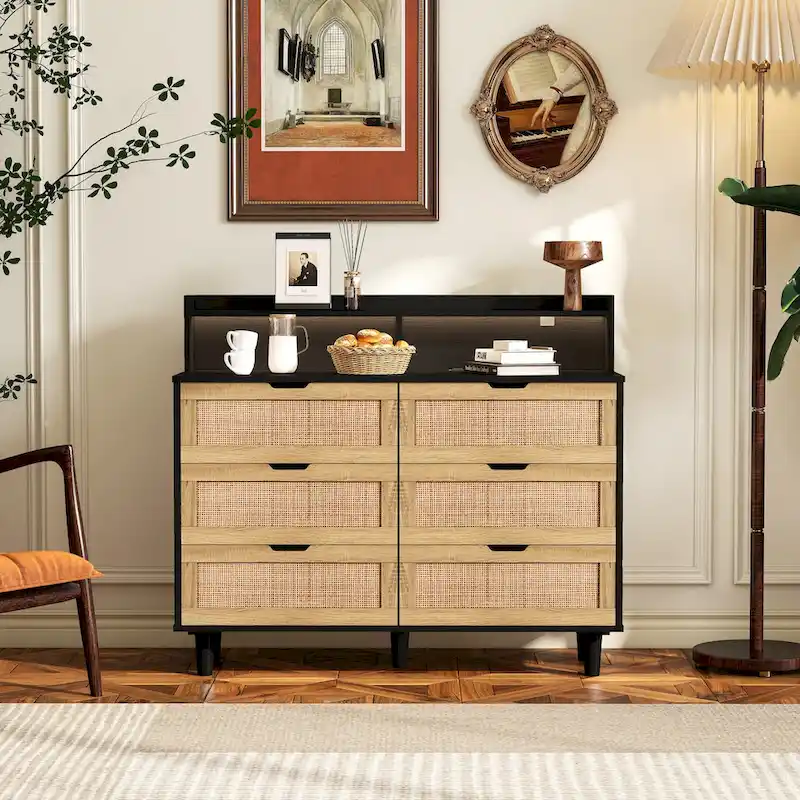 43.316-Drawers Rattan Storage Cabinet Rattan Drawer with LED Lights and Power Outlet,for Bedroom,Living Room