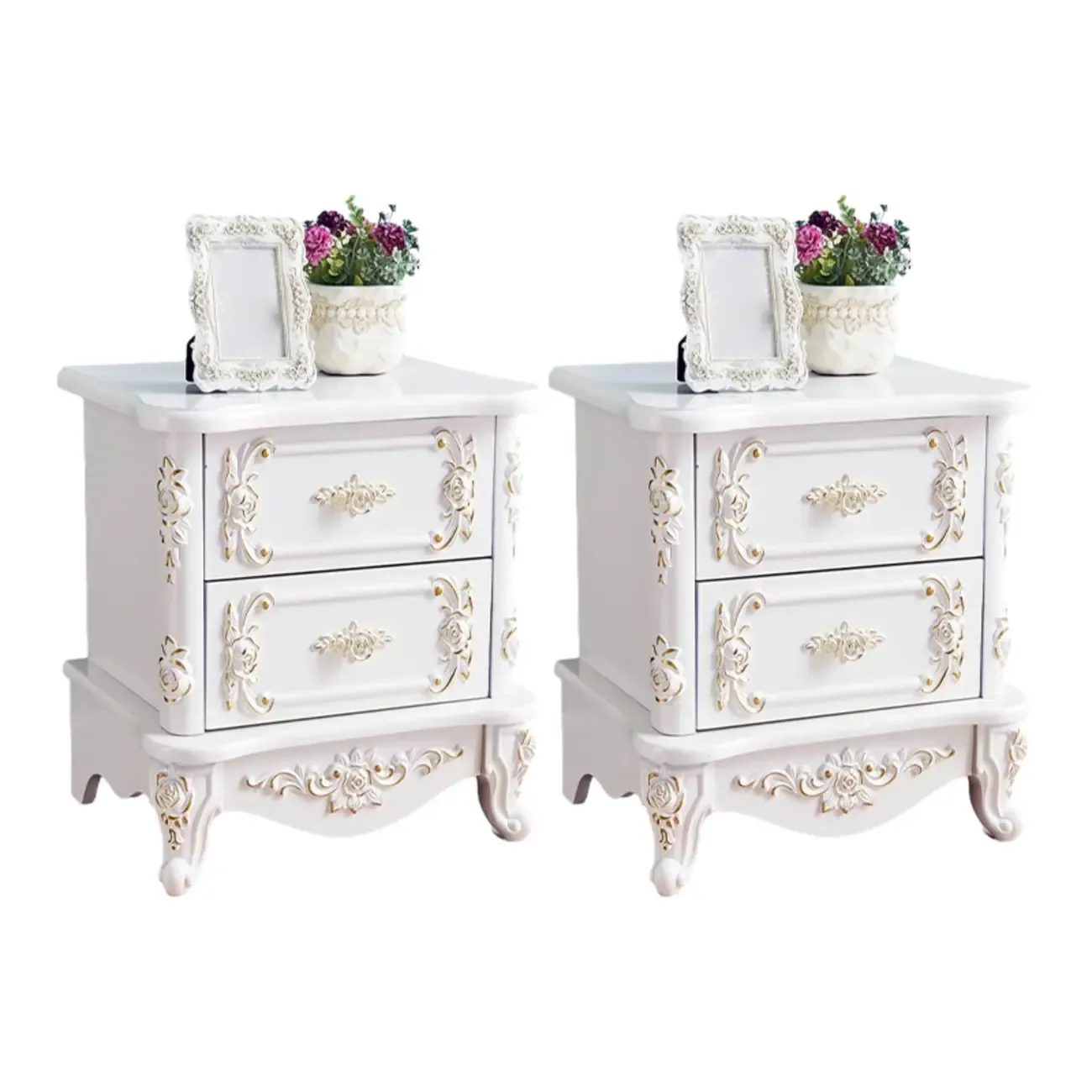 Traditional White Wood Carved 3-Drawer Nightstand