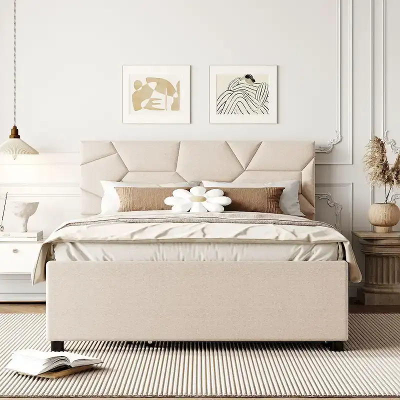 Full Size Upholstered Platform Bed with Brick Pattern Headboard and Twin Size Trundle, Linen Fabric, Beige