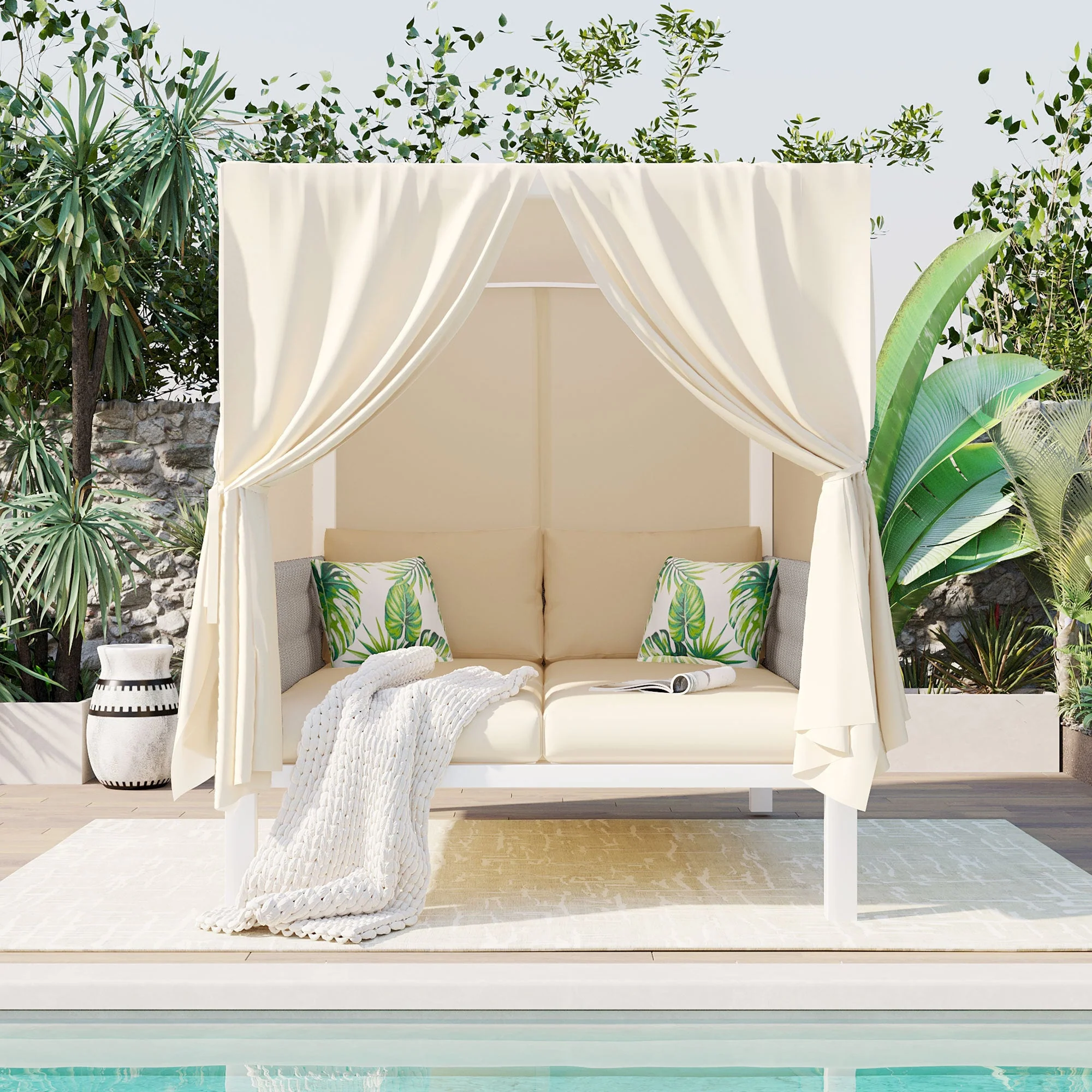 Walker Edison | Posh Outdoor Patio Sunbed with Curtains