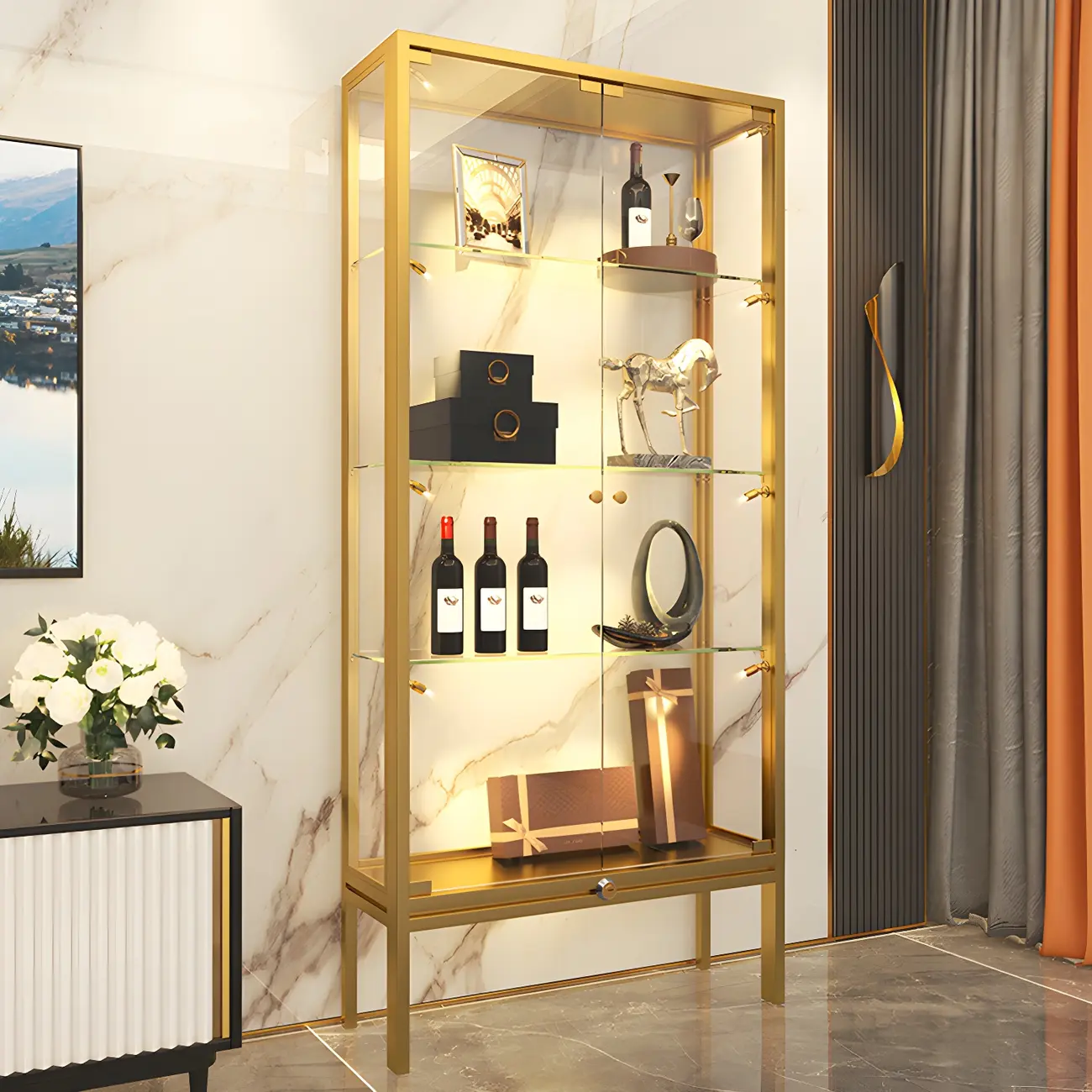 Glam Clear Glass Shelf Black Metal Frame Curio Cabinet