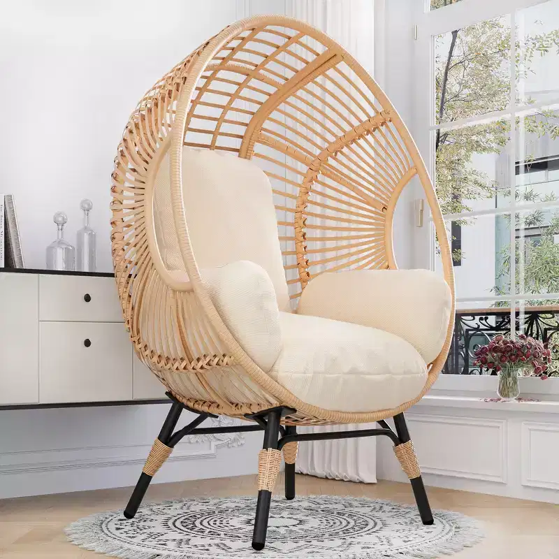 Whisen Outdoor Arc Back Weaving Hanging Egg Chair, Elegant Curved Armchair Patio PE Rattan Swing Chair with Beige Cushion - Natural