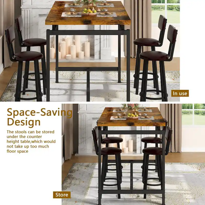 Mieres Industrial Style Rustic 5 Pieces Dining Table Set, Counter Height Dining Table with 4 Upholstered Bar Chairs