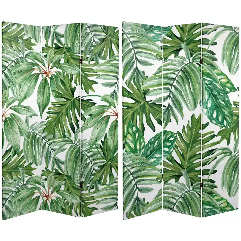 6" Double Sided Palm Leaves Canvas Room Divider Green - Oriental Furniture: Spruce Wood Frame, No Assembly Required