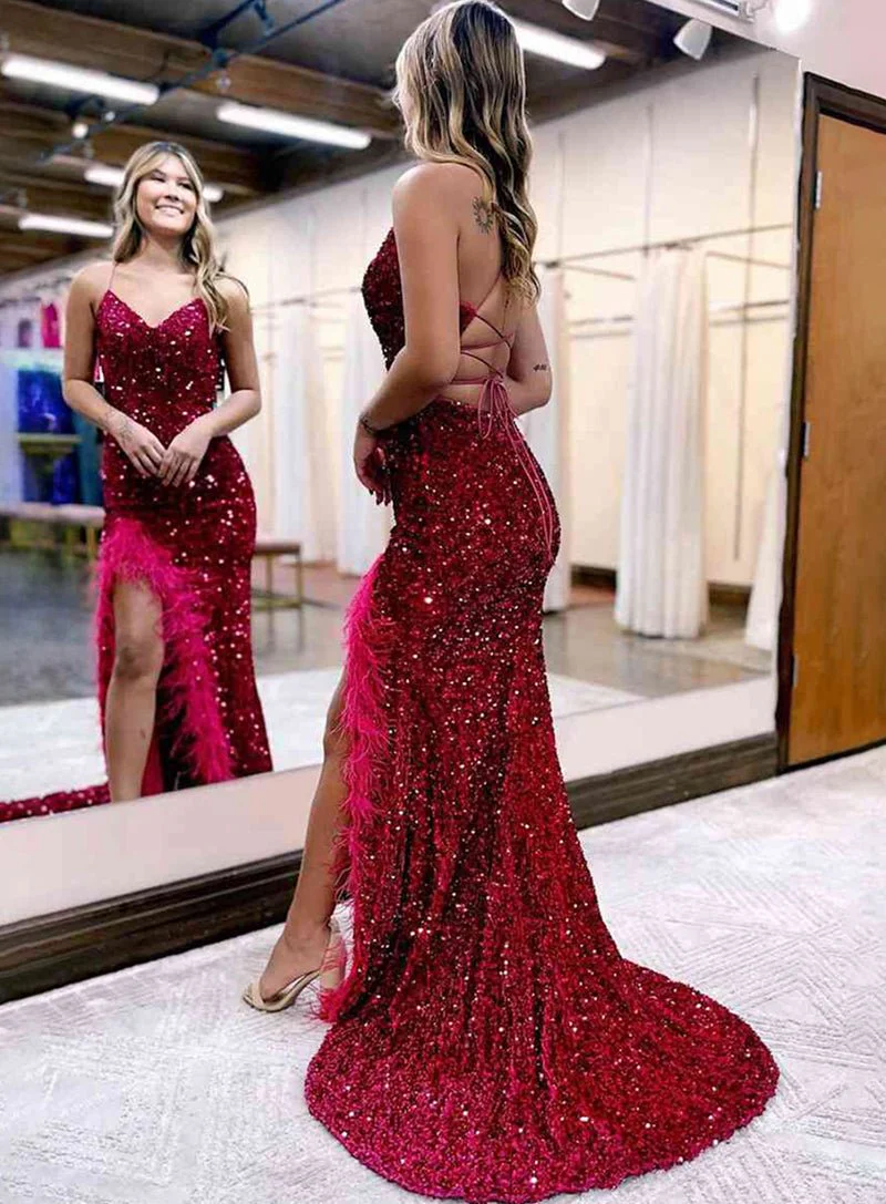 Mermaid V Neck Sequins Long Prom Dress with Slit