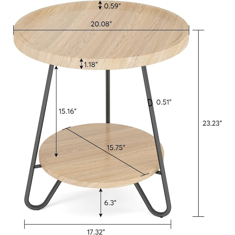 Round Side Table, Wooden End Table, 2-Tier Sofa Side Table with Metal Legs