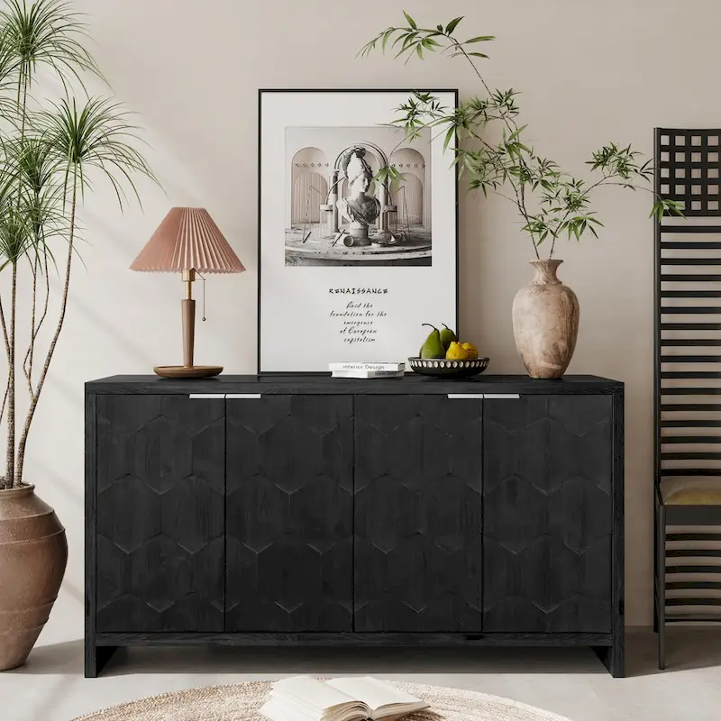 Accent Cabinet Farmhouse Style 4 Door Wooden Cabinet