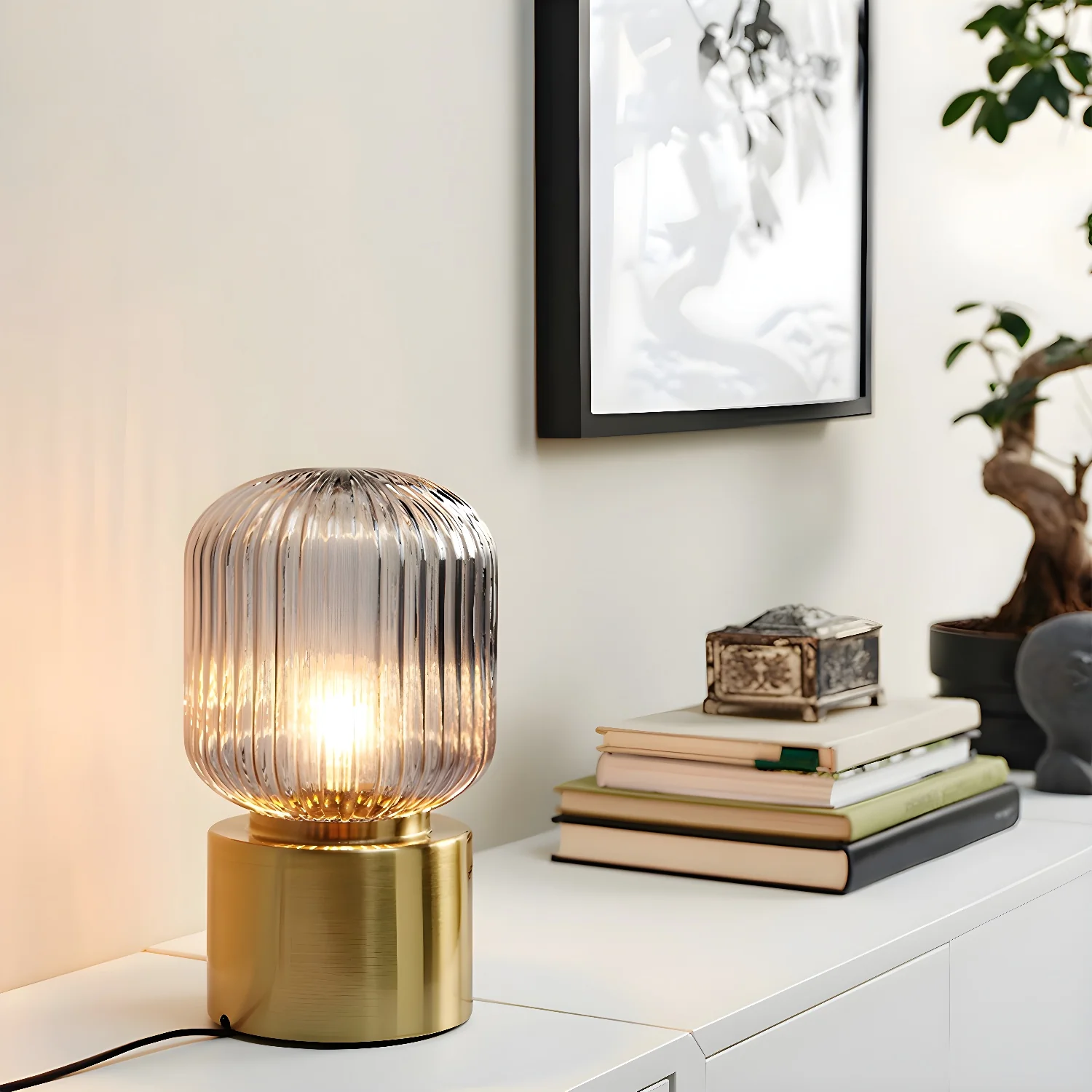 Mid-century Small Glass Brass Drum Bedside Table Lamp