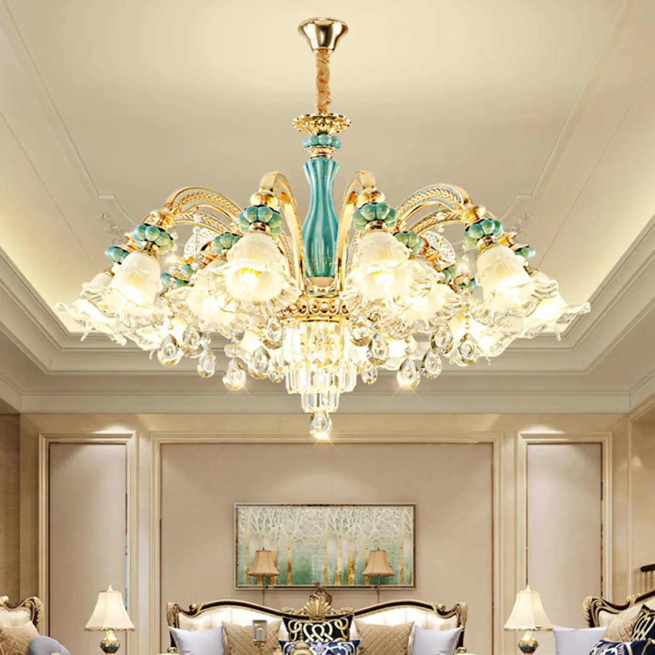 Living Room Down Light Crystal Chandelier with Flower Glass Shape