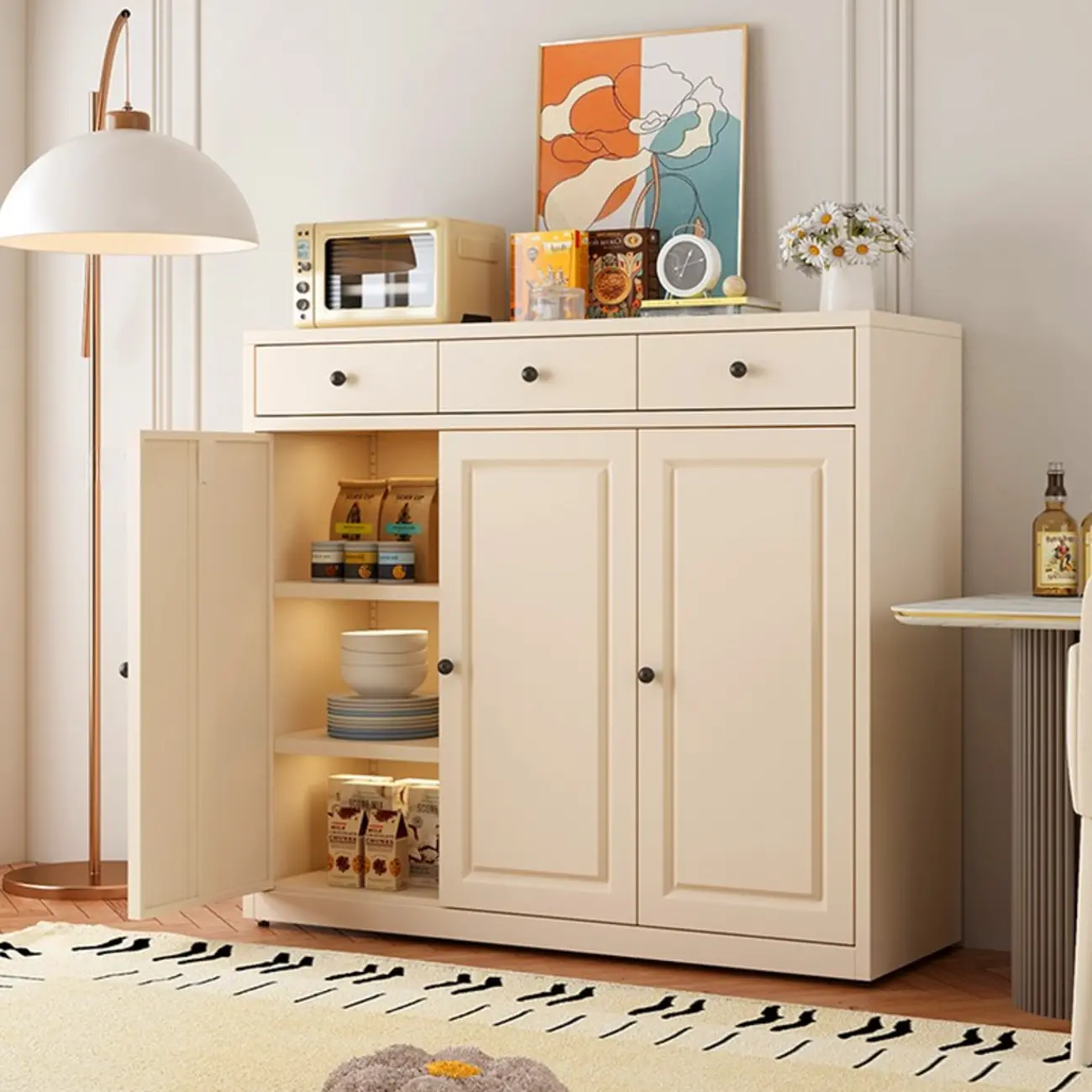 Narrow Metal White Buffet Cabinet with Drawer