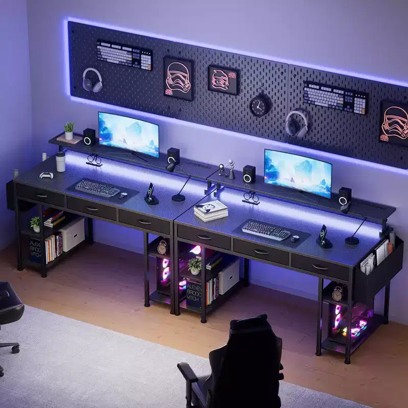 KOLIGEY Black Gaming Desk with LED Lights and Power Outlets, 55 Inch Computer Desk with 3 Drawers and Adjustable Monitor Stand
